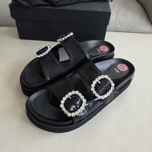 NWB - Maje Women's Sheepskin Sandals With Rhinestone Buckles - EU 40/US 10